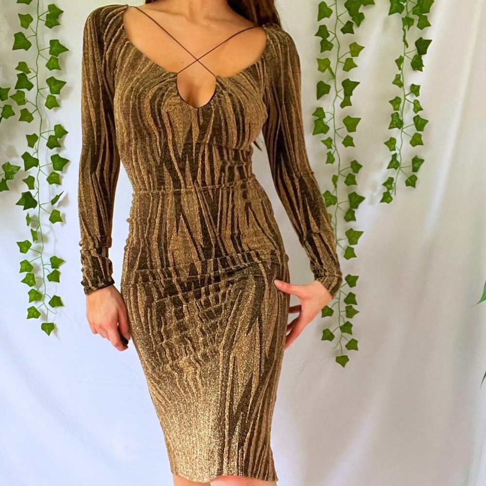 Brown and gold sparkly long sleeve midi dress